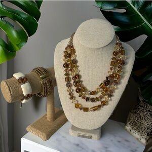 Amber Color Lot 1-Triple Strand Bead Necklace 1-Cuff Bracelet 1-Stretch Bracelet